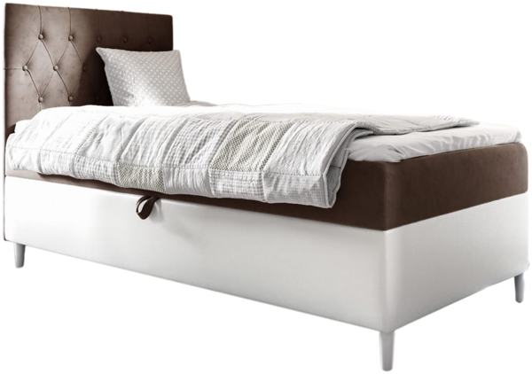 MEBLINI Kinderbett mit Bettkasten FILIPPO 1 90x200 Links – H3/Braun Samt Gepolstert Einzelbett mit Matratze - Polsterbett mit Stauraum - Bett mit Kopfteil – Stauraumbett