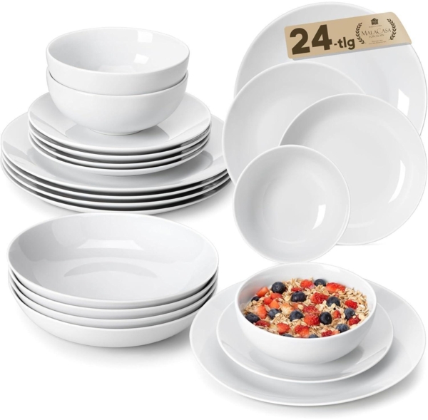 24-teiliges MALACASA Porzellan Geschirrset 6 Personen Weißes Tafelservice