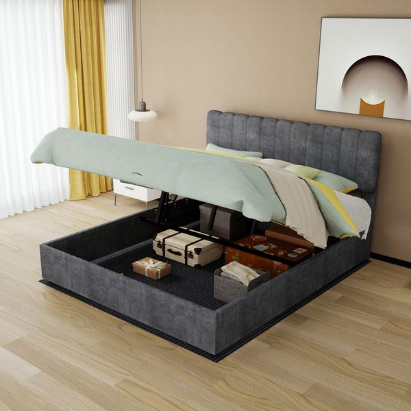 Modern Minimalist Upholstered Bed with Soft and Comfortable Headboard, 160x200 cm, Grey, Multi-Functional Bedroom Furniture, High-Profile Storage Base with Gas Lift Mechanism, Mattress Not Included.
