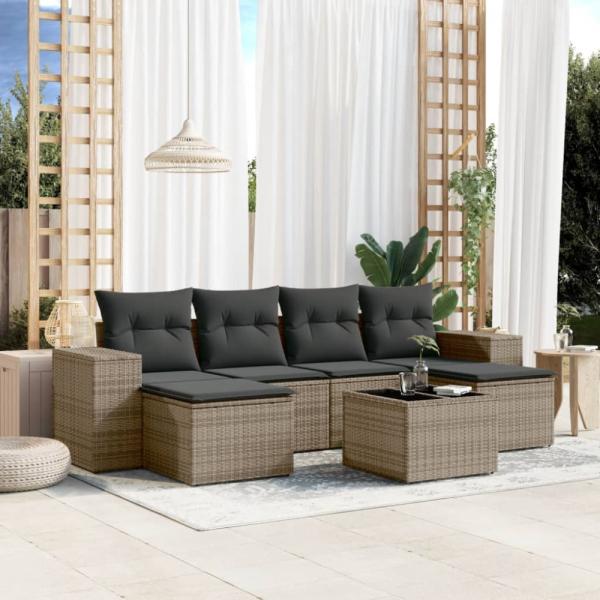 vidaXL 7-tlg. Garten-Sofagarnitur mit Kissen Grau Poly Rattan 3222929