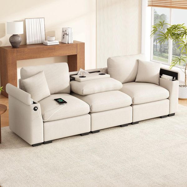 3-Sitzer Sofa mit Klapptisch, Mehrfachsteckdosen, Zierkissen, Rückenkissen, Getränkehalter, USB und Type-C, Big-Sofa, Ecksofa, L-Form, Chenille