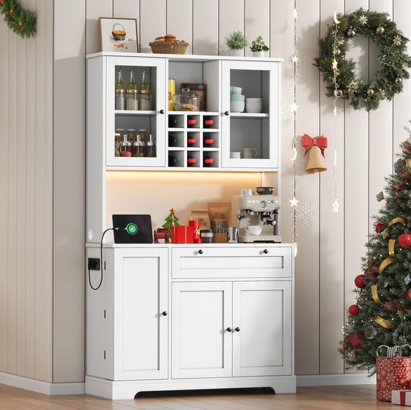 Küchenschrank mit LED-Lichtleiste, USB-Anschluss & Weinregal, 180 x 105 x 40 cm, Weiß
