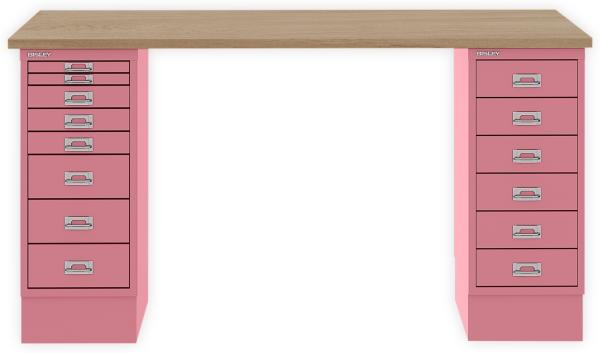 MultiDesk, 1 MultiDrawer mit 6 Schüben, 1 MultiDrawer mit 8 Schüben, Dekor natürliche Eiche, Farbe Pink, Maße: H 740 x B 1400 x T 600 mm