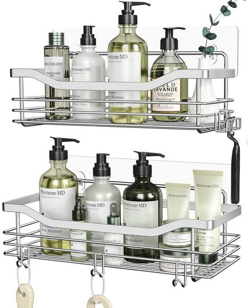 SURFOU Duschregal Duschablage Set ohne Bohren, Edelstahl Regal für Bad und Küche, Duschablage ohne Bohren 2 Stück set, mit 5 haken, zur Aufbewahrung von Shampoo, Duschgel, Handtüchern, Toilettenartikeln und Reinigungsmitteln, Rostfreier Wand-Duschregal