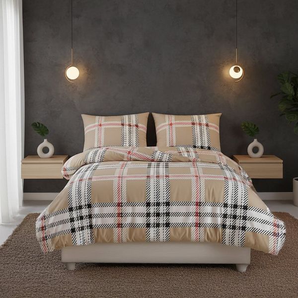Buymax Bettwäsche Jurado, Bettgarnitur, Bettbezug Set, Renforce: 100% Baumwolle, 3 teilig, mit Reißverschluss, gemustert, Karo, Beige, 200x200 cm