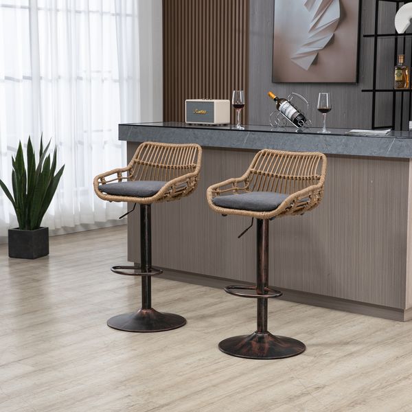 Barhocker-Set 2-tlg, Leinen & PE-Rattan, höhenverstellbar, 49x48x89-109 cm, Grau