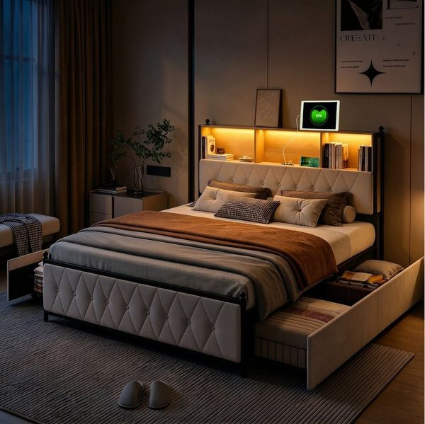 PXloue Polsterbett Doppelbett 180x200 mit LED Licht und Ladefunktion (Mit Lattenrost und Ladefunktion, Samtmaterial Stauraumbett), Modernes Jugendbett, mit Bettrahmen und 4 Schubladen, Samt, 140x200cm