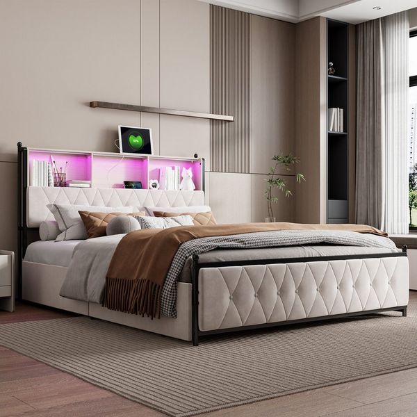 PXloue Polsterbett Doppelbett 180x200 mit LED Licht (Mit Lattenrost und Ladefunktion, Samtmaterial Stauraumbett), Modernes Jugendbett, mit Bettrahmen und 4 Schubladen, Samt, 140x200cm