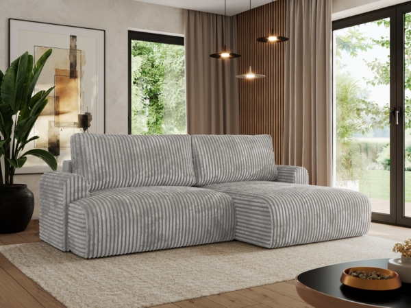 L-förmiges Ecksofa mit losen Kissen und Armlehnen für das Wohnzimmer, Ecksofa mit Schlaffunktion, Bettkästen - TONO - Grau Cord - rechte Seite