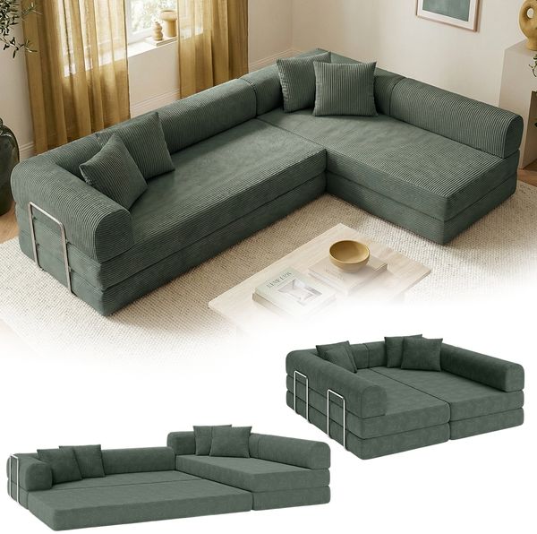 skølm 'Lofn' Modulares Sofa 4 Sitzer, 300x200 cm, Vollschaumcouch mit Metallgestell, Cord dunkelgrün, kein Aufbau erforderlich, geeignet als Schlafsofa