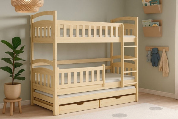 Deine Möbel 24 Etagenbett Hochbett Kinderbett MIA für 3 Kinder 90x200 Grau Kiefer Natur (Set Komplettbett für 3 Personen, 3-St, Matratzen optional, aus Masssivholz Vollholz Kiefernholz), Rausfallschutz unten abnehmbar, inkl. Lattenrost