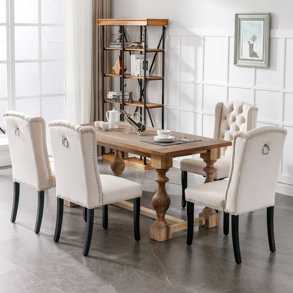 Samt Esszimmerstuhl 4er-Set mit Massivholz Eichebeinen, Knöpfen & Nieten, eleganter Loungesessel für Wohn- & Essbereich,Beige