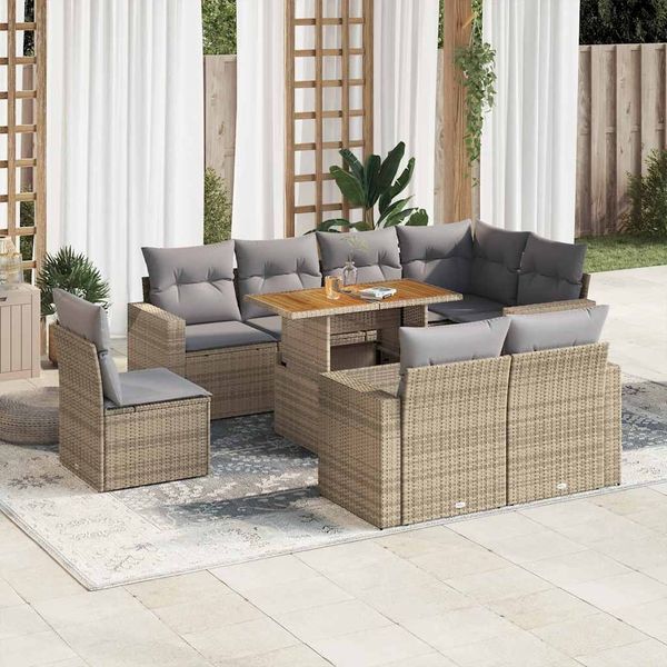 vidaXL 9-tlg. Garten-Sofagarnitur mit Kissen Beige Poly Rattan 3327055