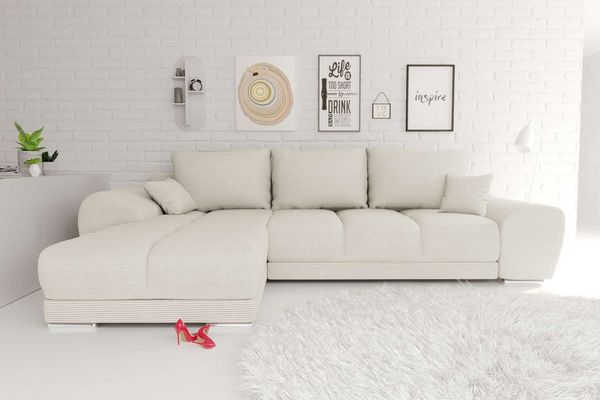 99rooms Antalya Ecksofa Cordstoff POSO Creme Links mit Schlaffunktion