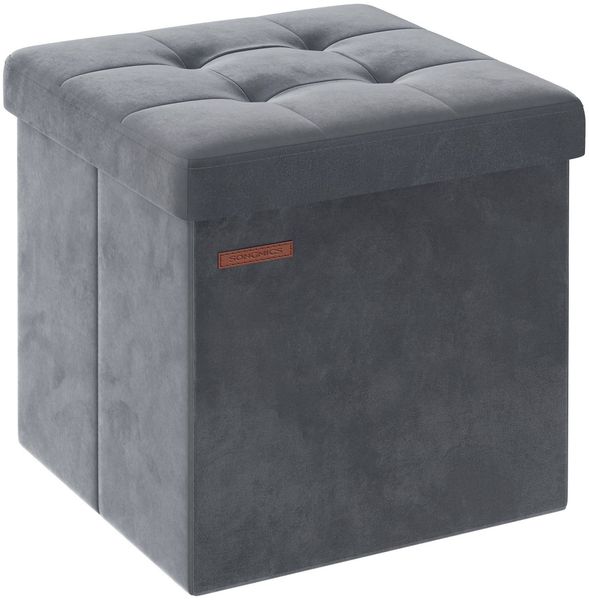 Songmics Sitzbank mit Stauraum aus Samt, klappbare Sitztruhe, Aufbewahrungsbox mit Deckel, Fußbank, 38 x 38 x 38 cm, bis 300 kg belastbar, für Flur, Wohnzimmer, Schlafzimmer, schiefergrau LSFDE227G01