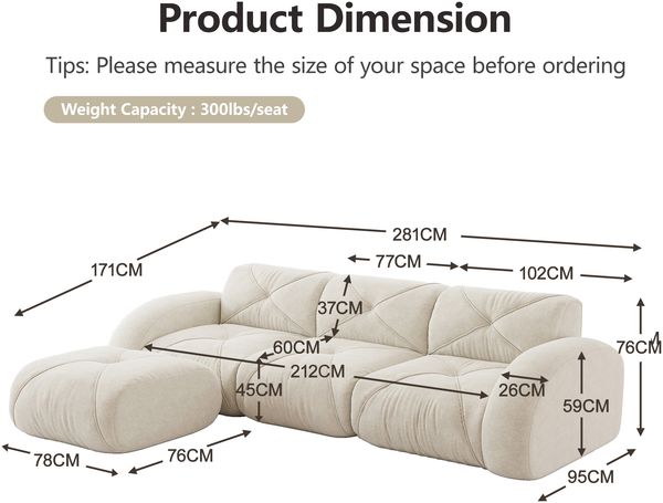 Flieks Modulares Sofa 3-Sitzer mit Hocker, Cloud Sofa mit runden Armlehnen, Chenille weich, rahmenlos bodennah, Lounge Sofa, Beige Bild 4