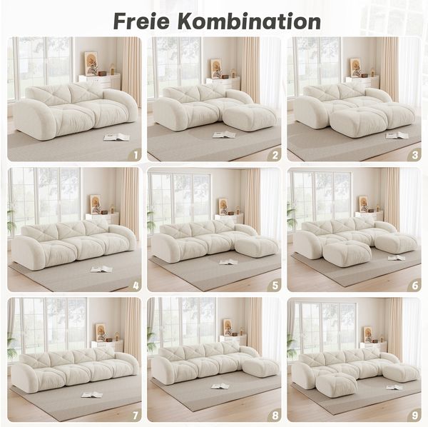 Flieks Modulares Sofa 3-Sitzer mit Hocker, Cloud Sofa mit runden Armlehnen, Chenille weich, rahmenlos bodennah, Lounge Sofa, Beige Bild 3