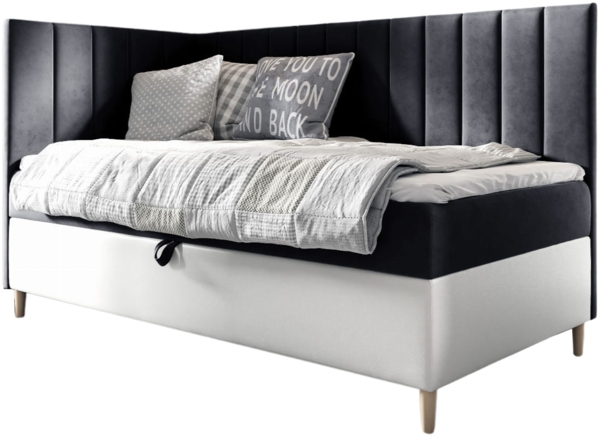 MEBLINI Kinderbett mit Bettkasten MAYA 3 100x200 Links – H3/Schwarz Samt Gepolstert Einzelbett mit Matratze - Polsterbett mit Stauraum - Bett mit Kopfteil – Stauraumbett