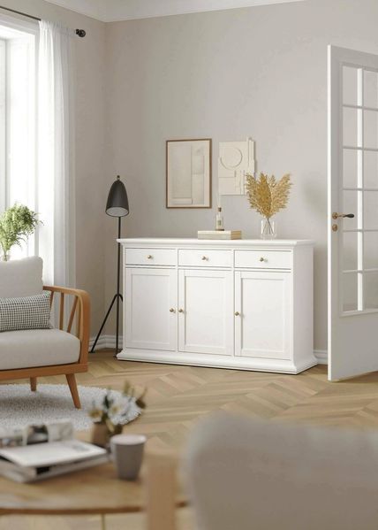 Dmora - Kommode Frederique, Wohnzimmerbuffet, Wohnzimmer-Sideboard, Moderne Küchen-Speisekammer, 144x46 h92 cm, Weiß