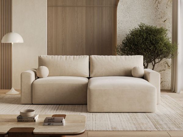 GRAINGOLD Ecksofa Aurora L, Couch L-Form mit Wellenfeder, Bettkasten, Losen Kissen, Velour-Stoff, Beige