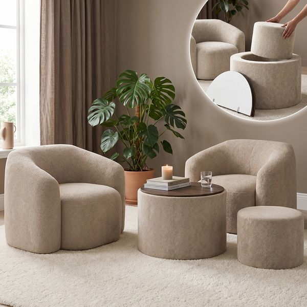 skølm 'Gjöll' Set aus 2x Sessel und Tisch mit Holzplatte und Hocker, 75x75x45 cm, beige, aus Teddy-Bouclé, Relaxsessel mit Armlehnen, vakuumverpackt, ohne Aufbau