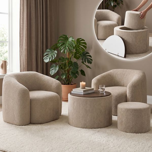 skølm 'Gjöll' Set aus 2x Sessel und Tisch mit Holzplatte und Hocker, 75x75x45 cm, beige, aus Teddy-Bouclé, Relaxsessel mit Armlehnen, vakuumverpackt, ohne Aufbau