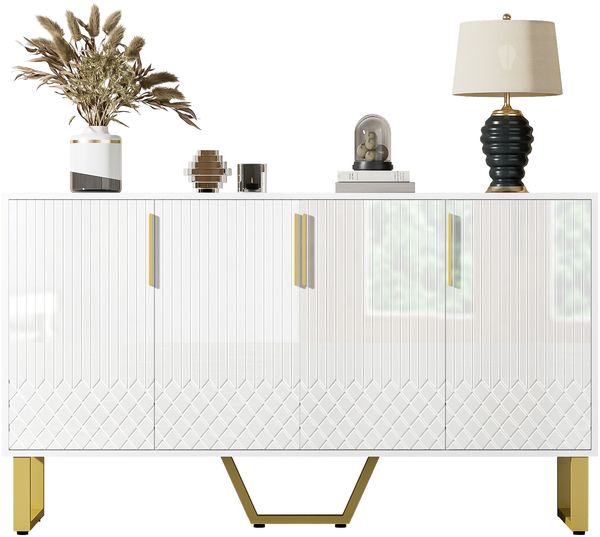 Hochglanz-Sideboard, 4 Türen, Metallgriffe und -beine, geometrisches Design in Weiß, 140L*40B*80H