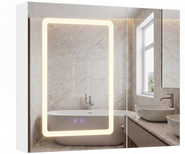 Furnishings Home Badezimmerspiegelschrank Badezimmerschrank Wandschrank Spiegelschrank mit LED-Beleuchtung (1-St, Spiegelbeleuchtung mit drei einstellbaren Farben) Ausgestattet mit drei Spiegeln und Antibeschlagfunktion
