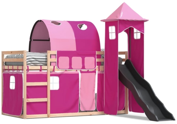 vidaXL Etagenbett mit Rutsche und Gardinen Rosa 90x190 cm 3284181