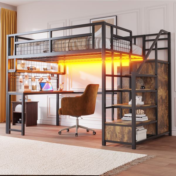 Novelux Metall Hochbett 140x200 cm mit Schreibtisch, Schrank & Treppenregal - Multifunktionales Eisenbett Schwarz, inkl, LED-Lichtleiste und Steckdose