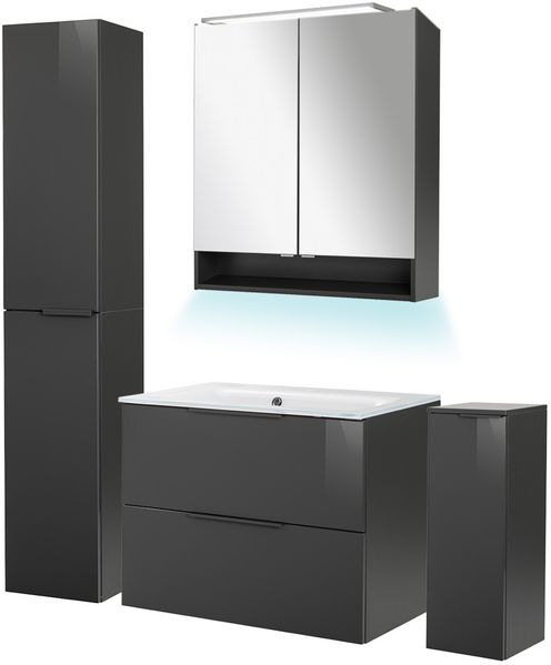FACKELMANN LUNA Badmöbel Set 6-teilig 80 cm breit, Anthrazit, Waschbecken Glas Weiß + LED Spiegelschrank + Hochschrank + Midischrank + Ambientebeleuchtung