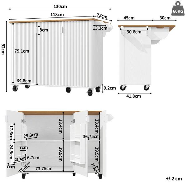 Celya Kücheninsel Kücheninsel, Speisewagen mit Holzmaserung, Ausziehbarer Küchenwagen, (3 Türen, weiß), Buffet, 130x45(75)x92cm, Gewürzregal, Trennwände verstellbar