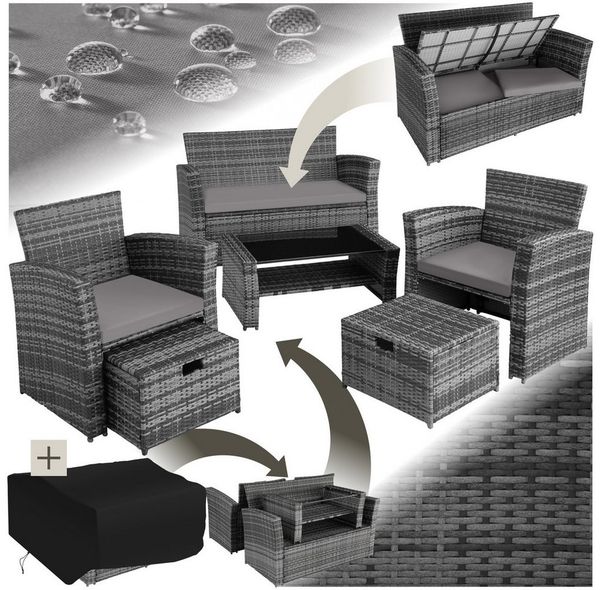 tectake Sitzgruppe Rattan Sitzgruppe, (Set, 6-tlg), für 4 bis 6 Personen