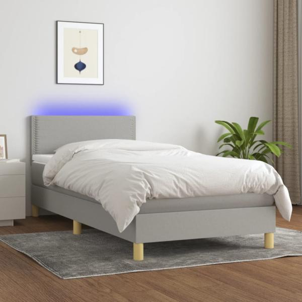 Boxspringbett mit Matratze & LED Stoff Hellgrau 90 x 200 cm, Härtegrad: H2 [3133605]