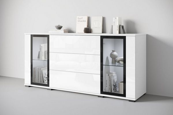 Home affaire Sideboard modernes Design mit Glaseinsätzen und 3 Schubladen, Breite 150 cm (1 St), Grifflose Fronten mit Push-to-Open, höhenverstellbare Einlegeböden