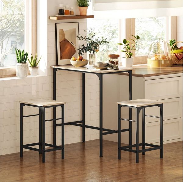 HOMCOM Bargruppe mit 2 Barhocker, rutschfestem Fußpolster, (Set, 3-tlg, Tisch mit 2 Hockern), Hocker unter Tisch schiebbar