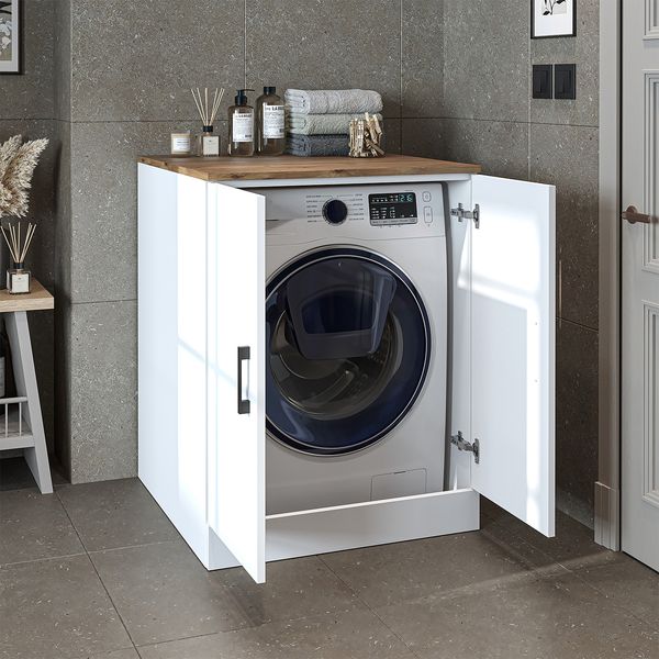 Roomart Waschmaschinenschrank - SERIE ATLANTIC-II- 70 cm breit – Badezimmer Waschmaschinen-Unterschrank – BHT 70×90×69 cm • Weiß-Eiche