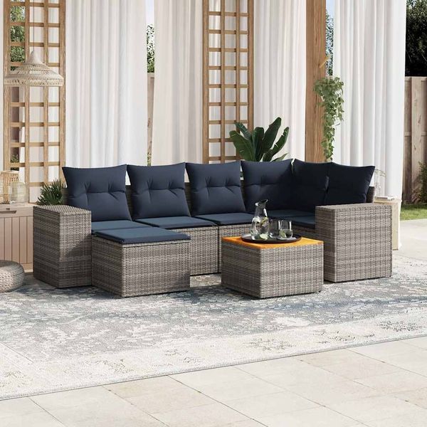 vidaXL 7-teiliges Gartensofa-Set mit Kissen, grau, Polyrattan 3225550