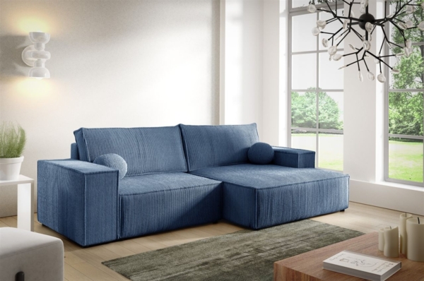 Ecksofa Schlafsofa CORUNIA XS Stoff Poso Blau Ottomane Rechts