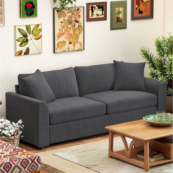 HOMCOM 3-Sitzer mit Zierkissen, Cordsofa, 212 cm breit, Couch 1 Teile, für Wohnzimmer, Schlafzimmer, Dunkelgrau
