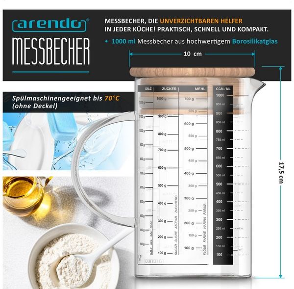 Arendo Messbecher Glasbehälter 1000 ml luftdicht, Küchenbehälter mit Bambusdeckel, Glas, Silikondichtung, für Mehl Zucker Gewürze Flüssigkeiten Süßigkeiten