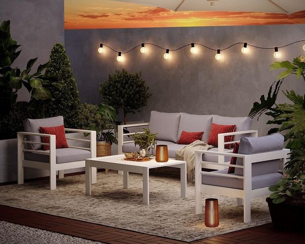 MeXo Gartenlounge-Set Gartenmöbel Set 4-5 Personen Aluminium Wetterfest, (weiß, harmonieren mit Licht bei Nacht, 4-tlg, Passt zum skandinavischen, mediterranen oder minimalistischen Stil), 12cm Deluxe Relax-Sitzkissen, Terrassenmöbel Set mit Tisch