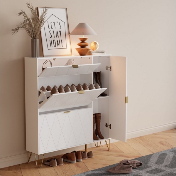 UEV Schuhschrank mit 2 Klappen und 2 Türen Schuhregal Schuhkipper mit Kippsicherung (Schuhkommode im Flur Diele,Trennwand verstellbar, 110x24x120cm) platzsparend, Für verschiedene Schuhtypen geeignet Bild 2