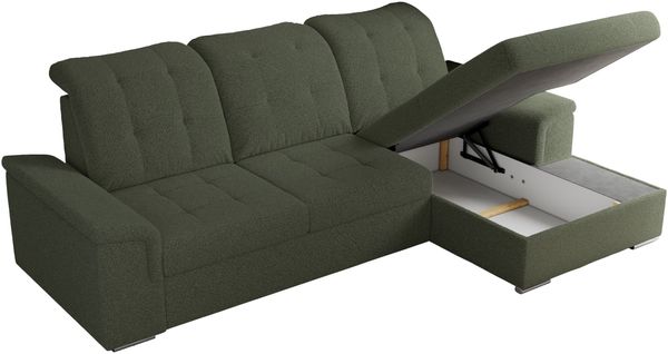L-förmige Ecksofa mit gesteppter Sitzfläche und Rückenlehne, verstellbare Rückenkissen, Schlaffunktion und Bettkasten - MADRITO - Grün Boucle - rechte Seite Bild 6