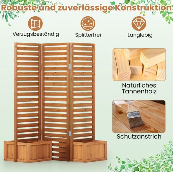 COSTWAY Paravent mit Pflanzkästen, 3-teilig Massivholz Sichtschutz faltbar