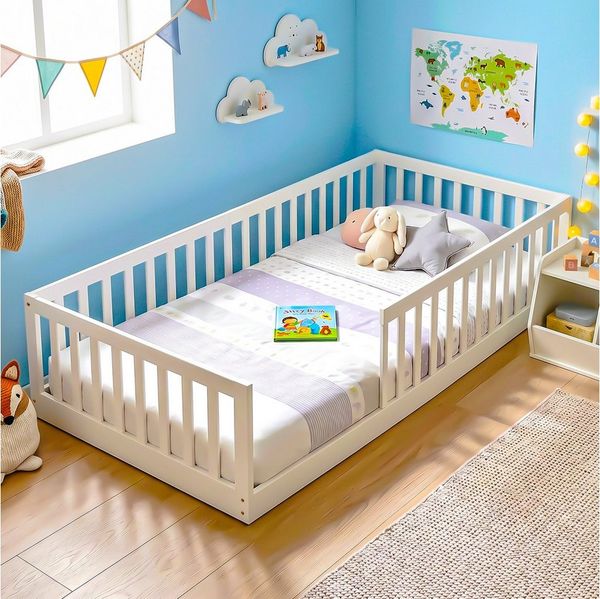 oyajia Kinderbett Bodenbett bis 200kg belastbar mit abnehmbarem Rausfallschutz, 90x200 cm (Bett mit Rausfallschutz Bettrahmen aus Kiefer), Rausfallschutz & Lattenrost
