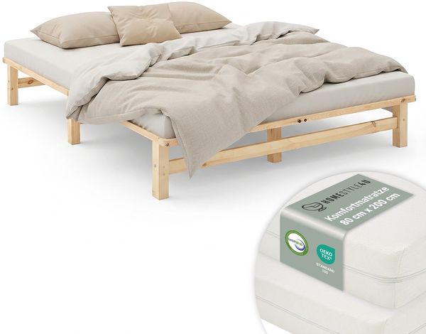 Holzbett 160x200 mit Matratze Doppelbett Holz Natur Bett Massiv Palettenbett Bettgestell Holzbettrahmen Lattenrost