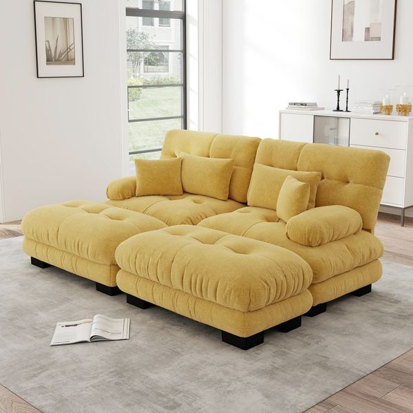 Ecksofa aus Chenille mit 2 Ottomanen & modularem Design, gelb