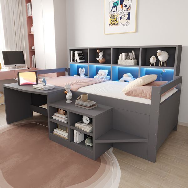 Kinderbett 90×200 cm, Schreibtisch Mit Stauraum Und Steckdosen, Ausgestattet Mit LED-Lichtleiste Und Mehrstufigen Ablagefächern, Einzelbett Aus Massivholz, Jugendbett, Grau