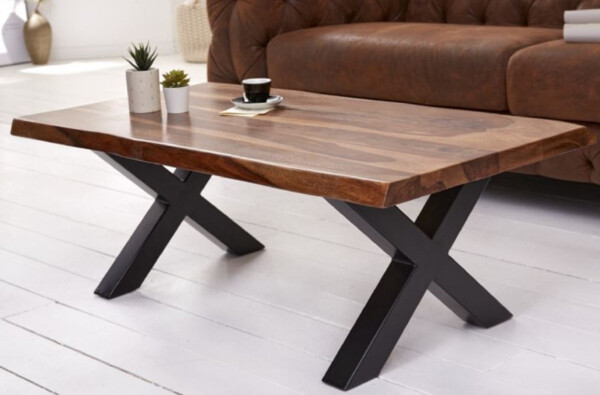 Casa Padrino Massivholz Couchtisch mit Metallbeinen Braun / Schwarz 110 x 60 x H. 40 cm - Rechteckiger Wohnzimmertisch im Industrie Look - Wohnzimmer Möbel Bild 2